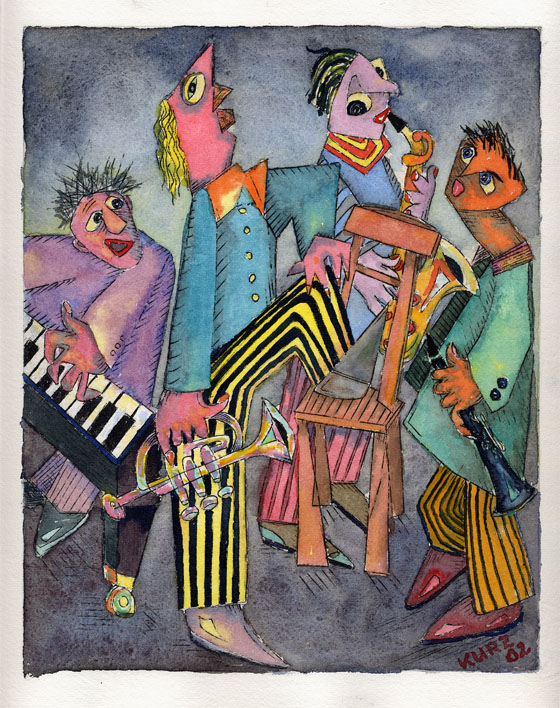 Jazz Quartett, Kupferstich koloriert 2002, 20x26cm