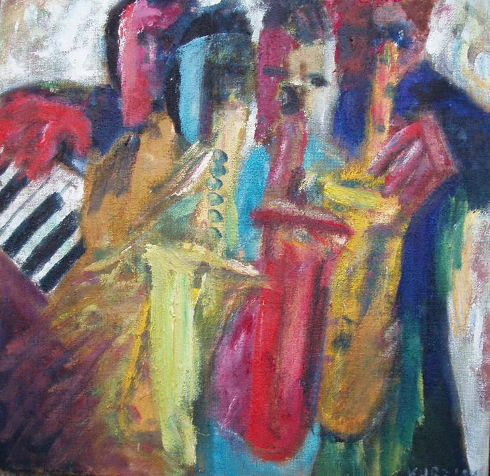 Saxes and piano, 2006, oel,Jute, 80x80cm