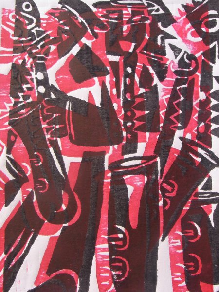 Saxofonisten-2011-Holzschnitt-zweifarbig-Platte-26x36cm