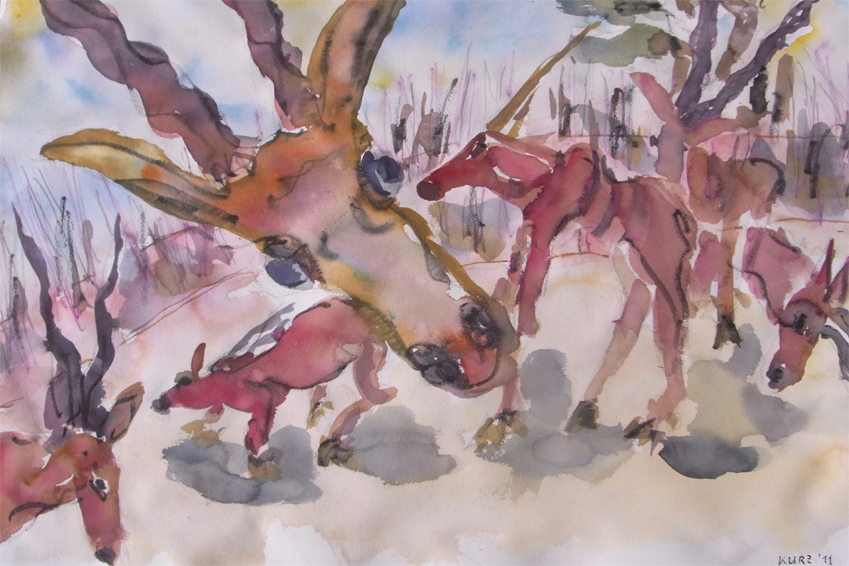 Gazellen-2011-Aquarell-Kreide-76x56cm