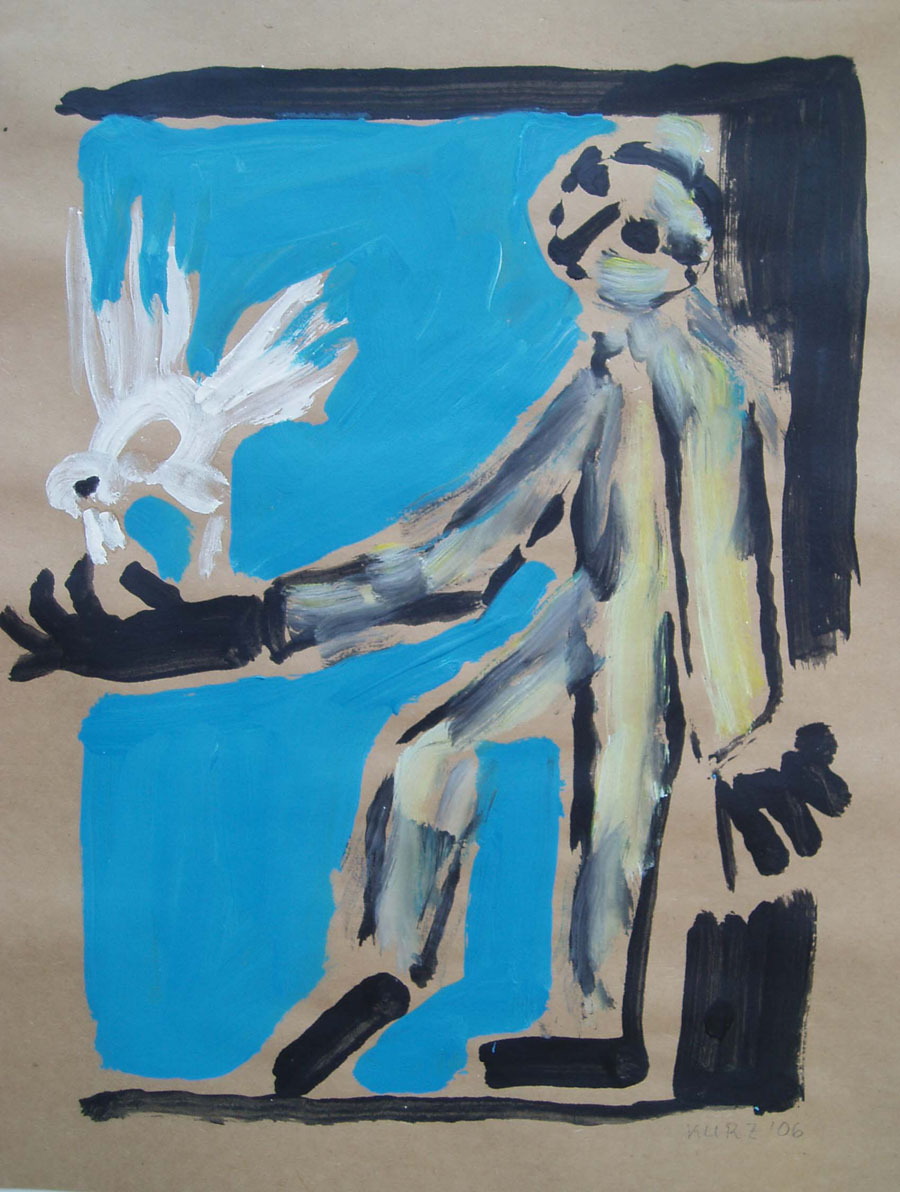 Mann mit Vogel 4, 2006, Acryl auf Papier 40x50cm