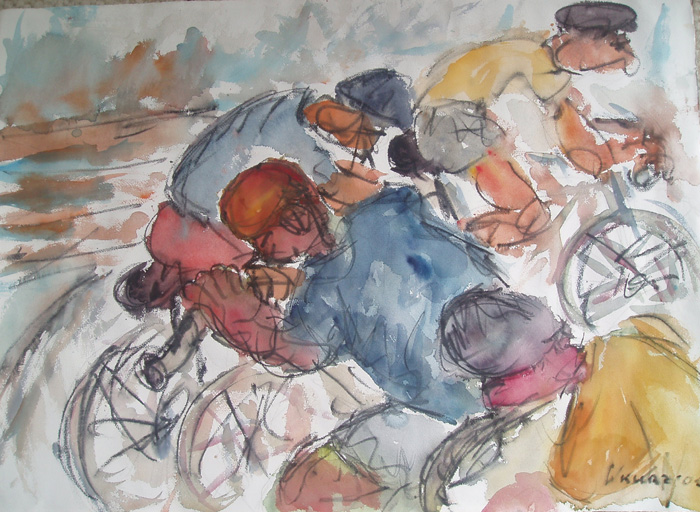 Radrennen-Aquarell-Kreide-77x56cm-2004