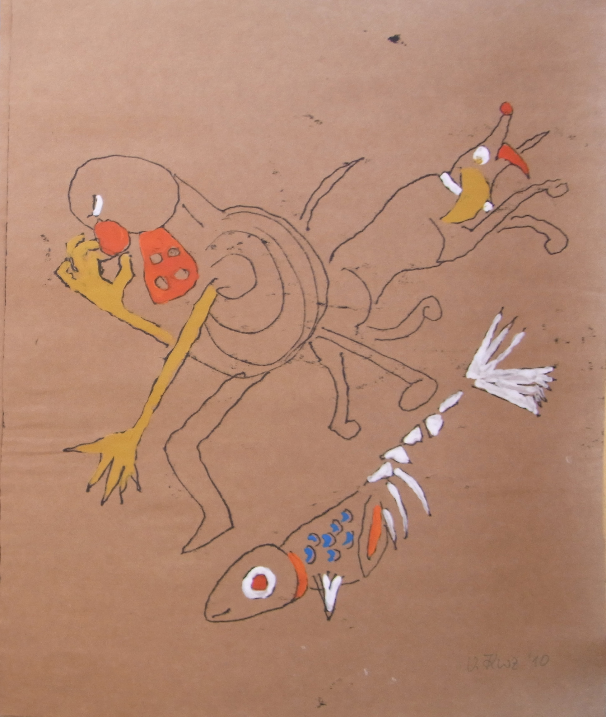 Zungenmann mit Hund 12, Durchdruck coloriert, 2010, 40x50cm