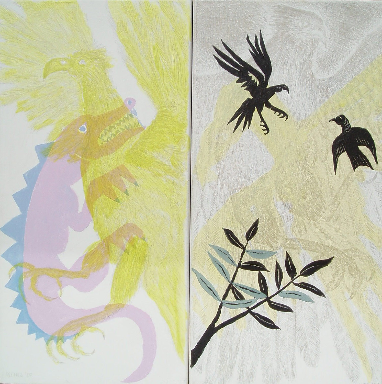 Drache-Adler-Falken-2007-Silberstift-Harzfarben-je-30x60cm