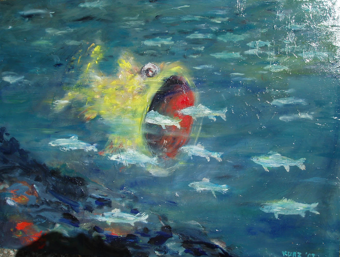 Fisch frisst Fisch, 2007, Oel auf Platte 80x60 cm