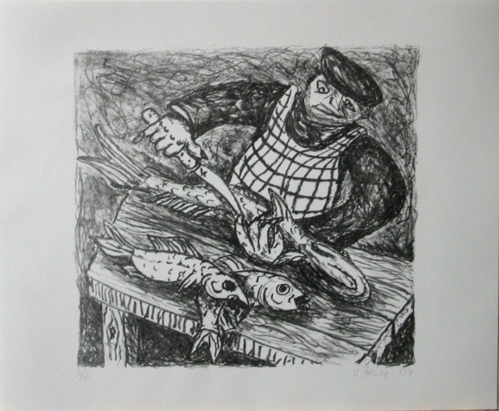 Fischverkaeufer, Lithographie, 2004, 40x33cm