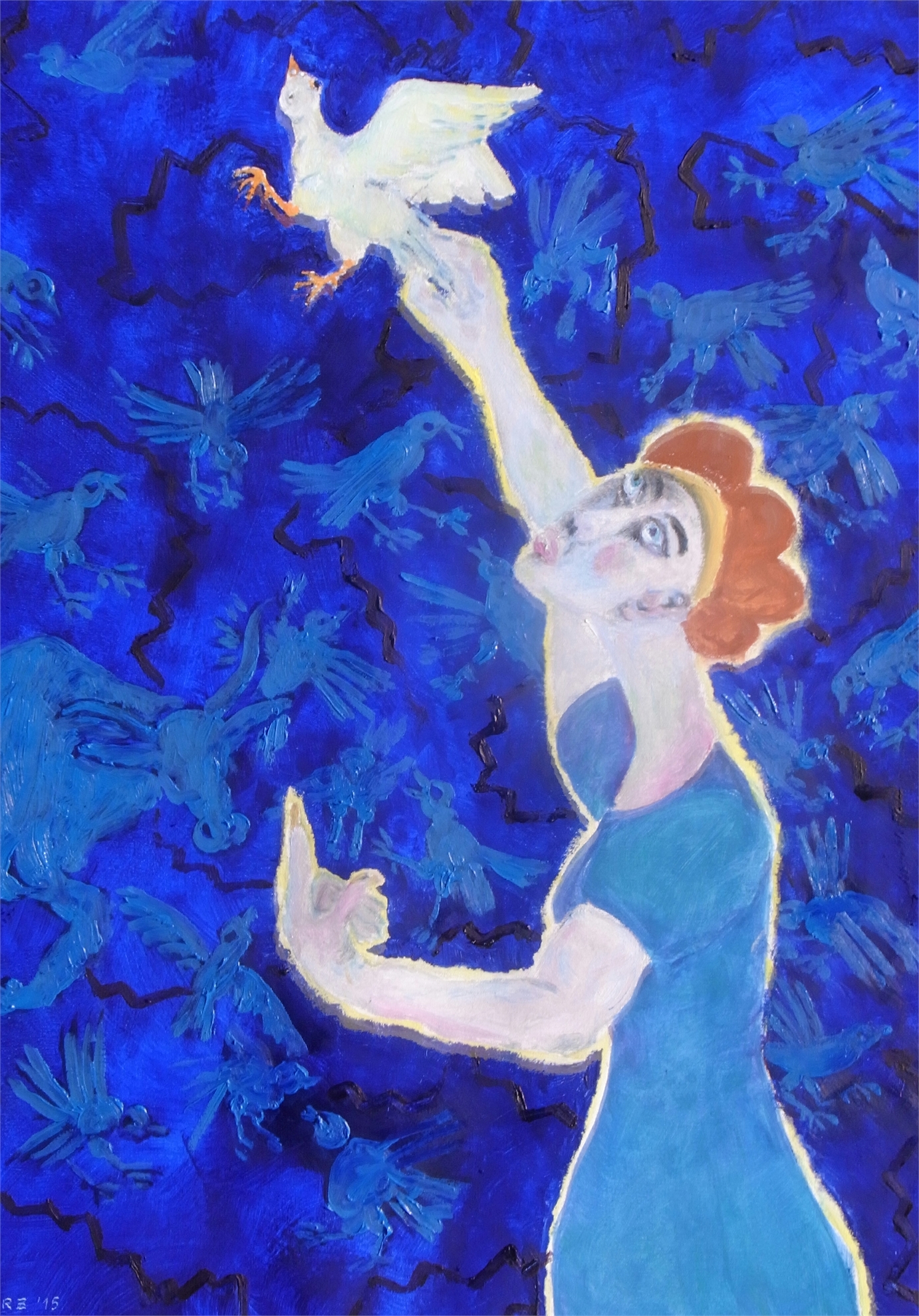 Taube in der Hand, 2015, Oel auf Cotton, 60x80cm